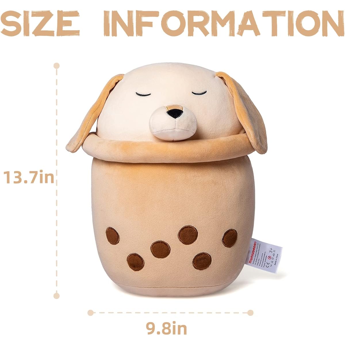 NiuniuDaddy Boba Plush Toy with Dog Face 13.7 Inch Large Brown Cream Bubble Tea Stuffed Animal for Boys Soft Cute Milk Tea Cup Kids Plush Toy Machine Washable