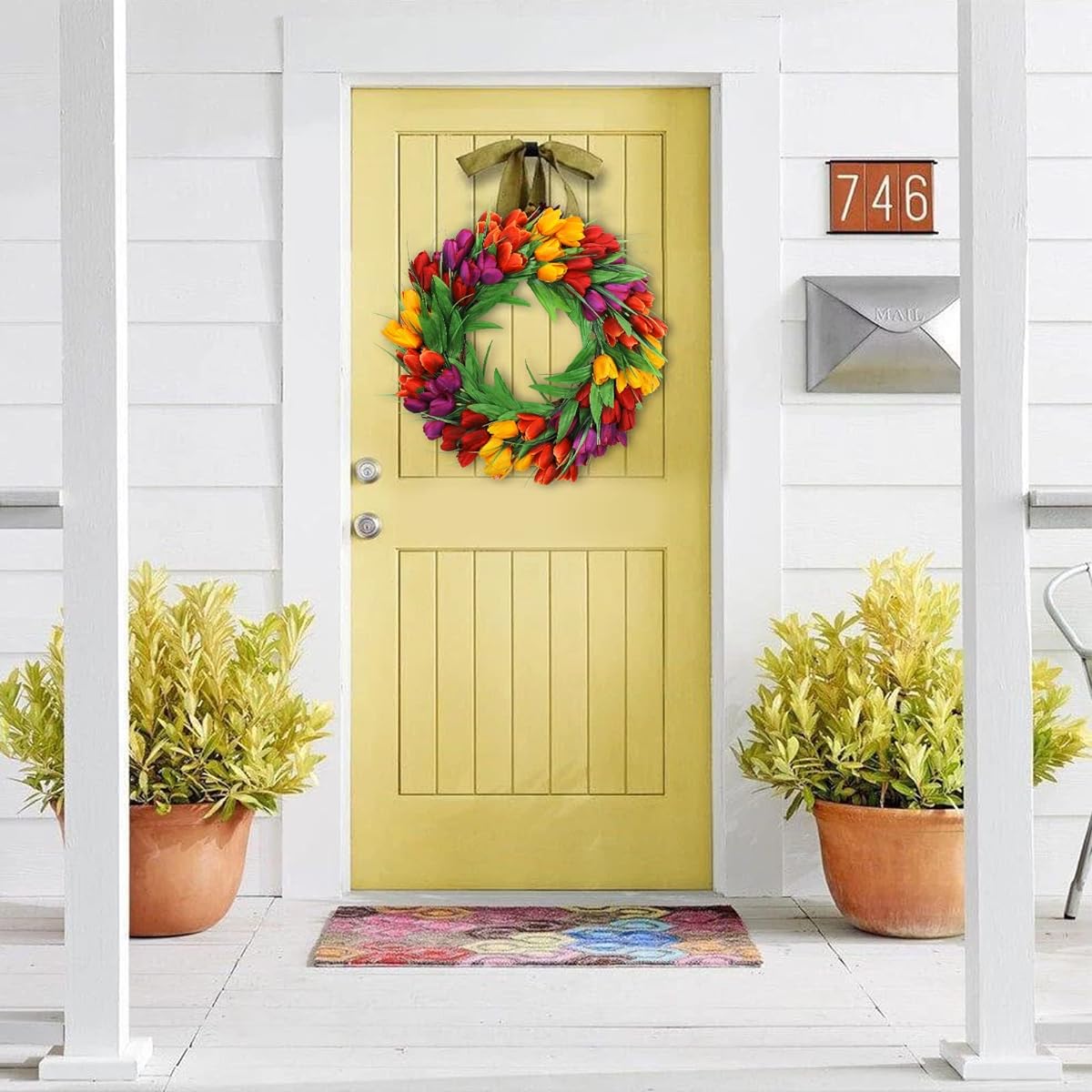 U'Artlines 20" Tulip Wreath for Front Door, Spring Summer Silk Wreath with Green Leaves, Artificial Tulip Flower Wreath for All Seasons Window Wall Wedding Valentine's Day Decor