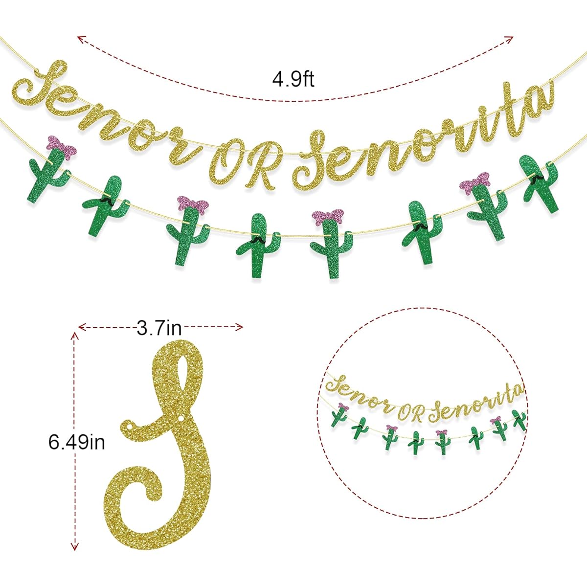 Senoror Senorita Banner Mexican Theme Gender Reveal Decoration Fiesta Boy or Girl Banner Cactus Garland (Glitter)