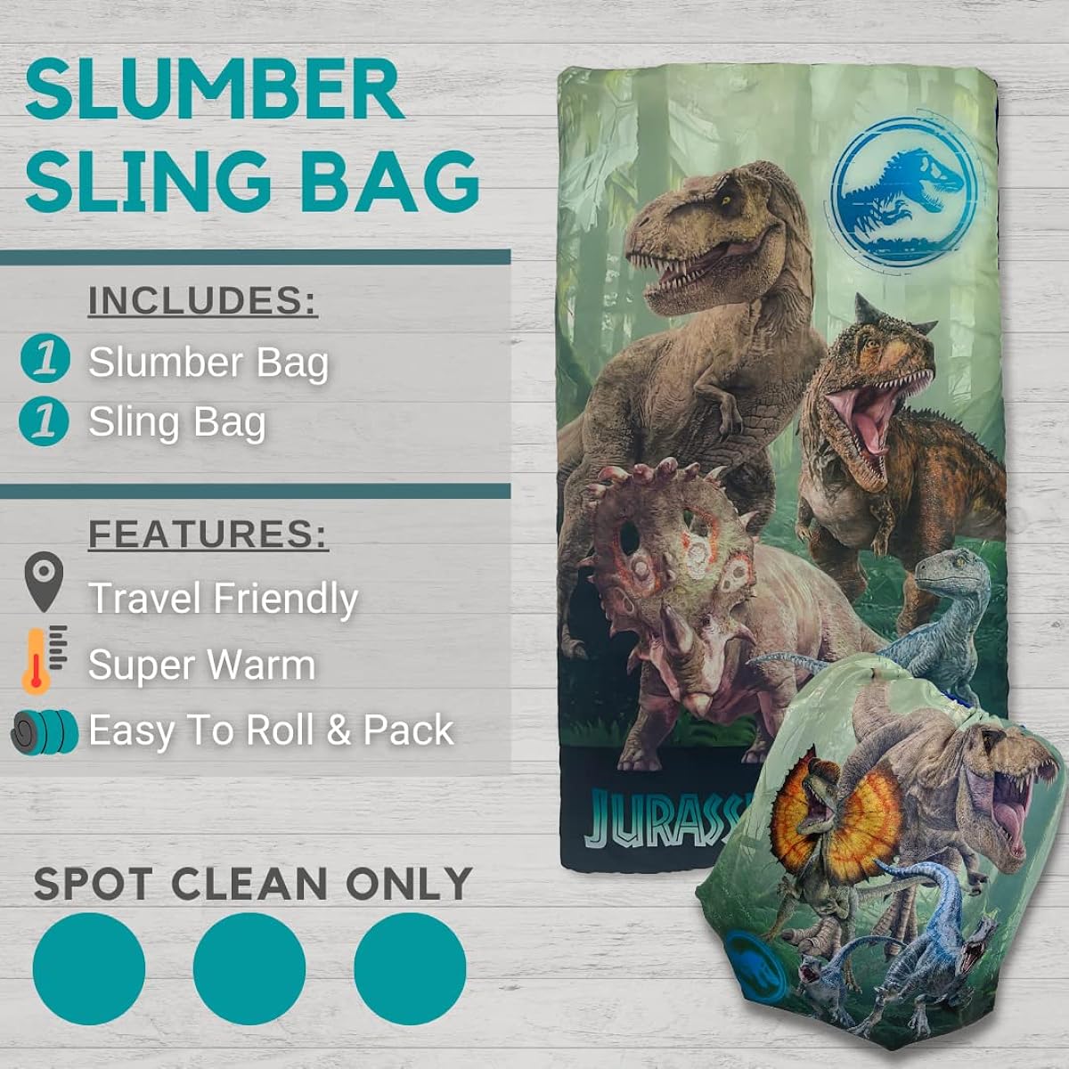 Franco Jurassic World Kids Soft Lightweight Sleeping/Sleep Bag and Sling Bag 2 Piece Set, 46" L x 26" W (Officially Licensed Jurassic World Product)