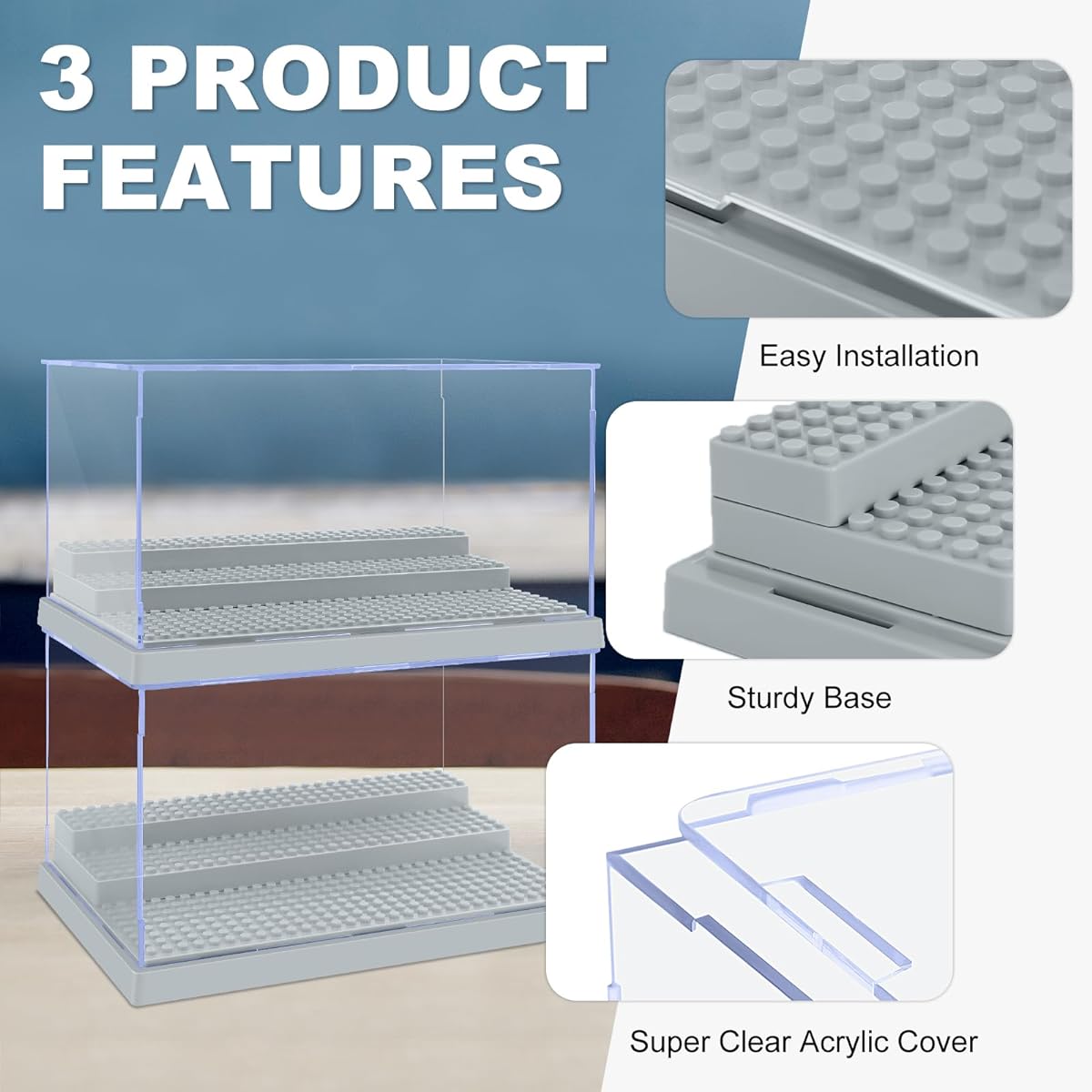 2 Pack Display Case for Mini Figure Action Figure Blocks, Acrylic Mini Figure Display Case Box Storage with 3 Movable Steps, Great Gift for Kids and Adults (Grey)
