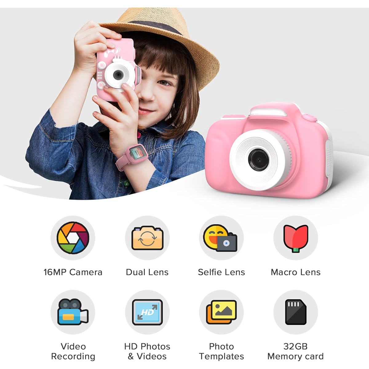 myFirst Camera 3 Mini Camera for Kids Christmas Birthday Gift for Boys Girls Adults Age 4-15 Travel 12MP HD Camcorder with Extra Selfie Lens Shockproof Case and Neck Strap (Pink)