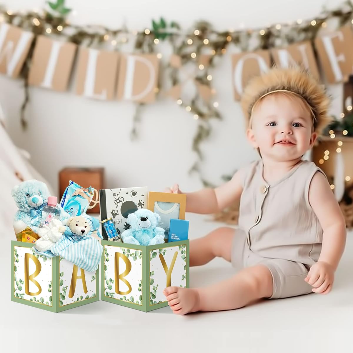 Sage Green Baby Centerpiece Boxes Party Flower Arrangement Favor Block Holder Baby Shower Gender Reveal Table Display Boy or Girl Decor Ideas No Flowers Set of 4