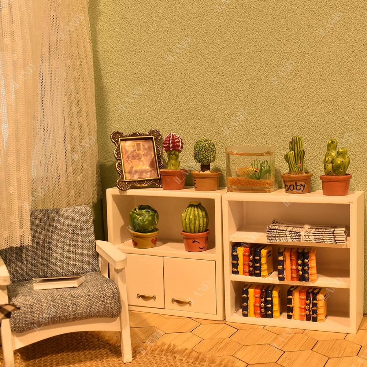 iLAND Dollhouse Furniture 1/12 Scale Dollhouse Living Room Set (Sky Blue Armchair & Cabinet)