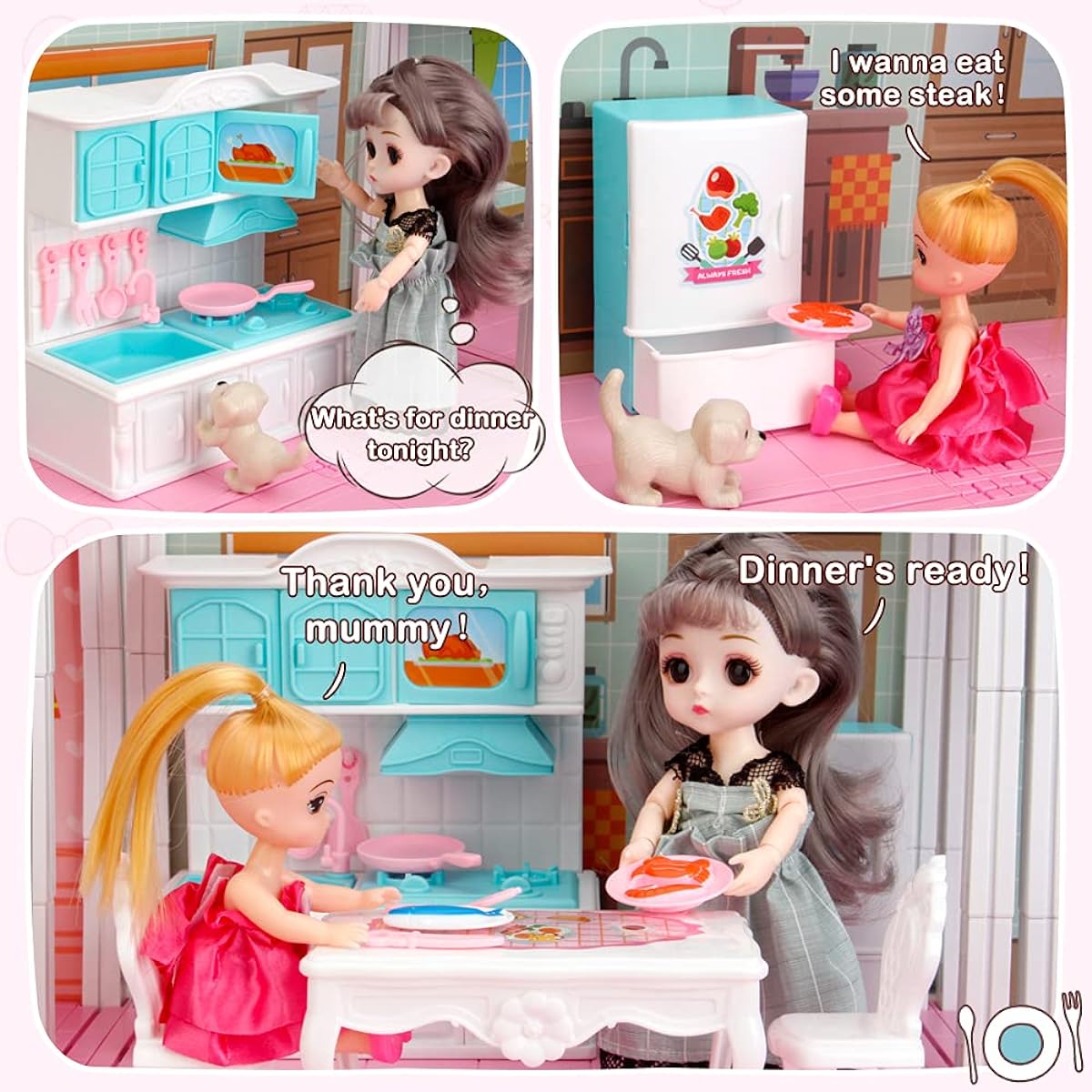 Dollhouse Dream House Building Toy Set with 5 Lights, 3 Dolls, 2 Pets, Princess Dollhouse Furniture, Accessories, Stairs, Best STEM Pretend Play Toys for Girls Toddlers, 27.7" Tall (9 Rooms)