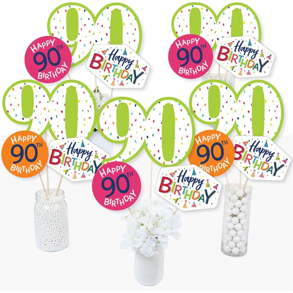 90th Birthday - Cheerful Happy Birthday - Colorful 90th Birthday Party Centerpiece Sticks - Table Toppers - Set of 15