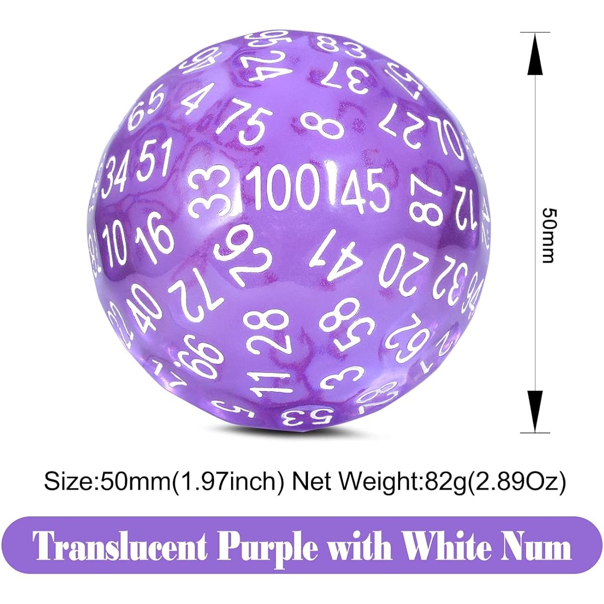 Purple D100 Dice Set DNDND 100 Sided Dice with Translucent Pouch for Dungeons & Dragons DND (Translucent Purple with White Numbers)