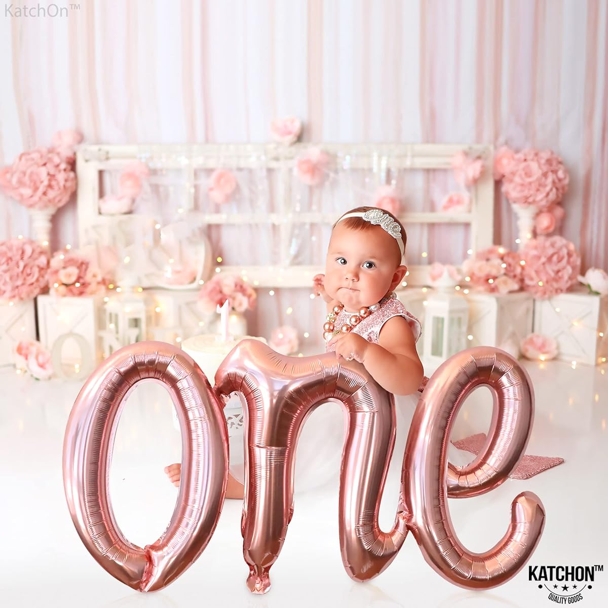 KatchOn 1 Rose Gold Balloon for 1st Birthday - 20 Inch | 1 Script Rose Gold Balloon | 1 Sweet Peach Birthday Decoration | 1 Rose Gold Foil Balloon 1st Birthday Girl Decorations