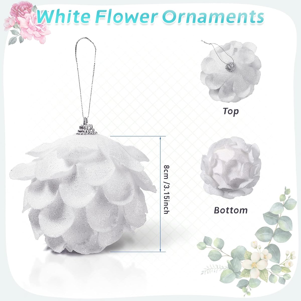 White Christmas Tree Balls White Christmas Flower Hanging Ornaments Glitter Christmas Decorations Christmas/Winter/Holiday/Wedding/Anniversary/Party Supplies (18)