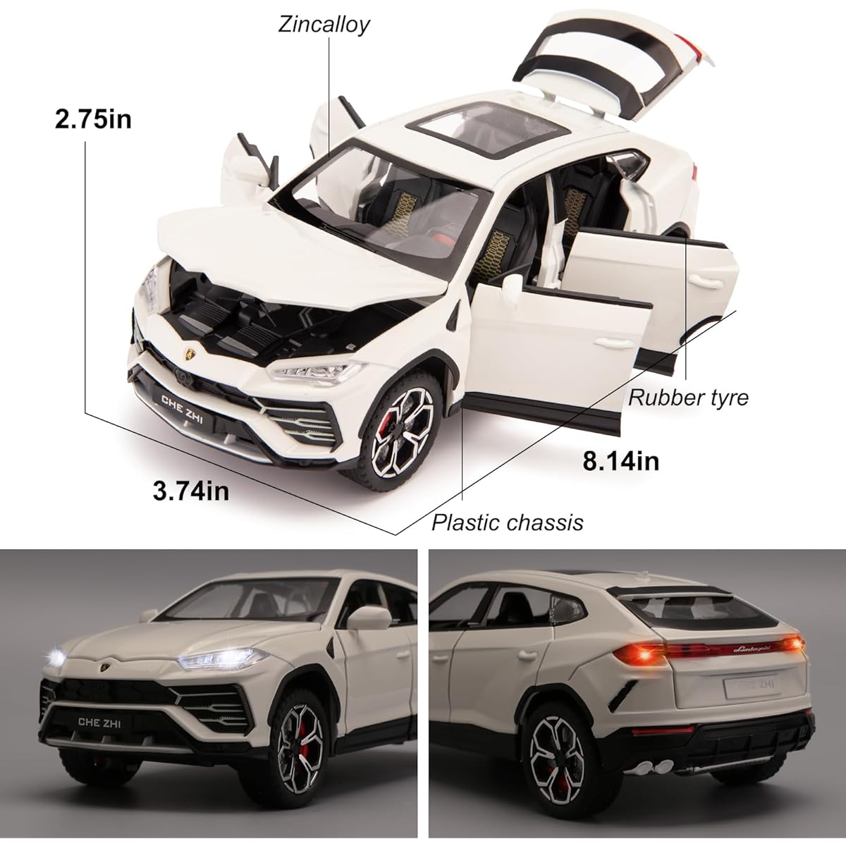 BDTCTK 1:24 Lamborghini Urus Car Model Diecast Pull Back Car Toy Car Doors Opening Lights and Sounds Toys for Boys Kids Adults Gifts White