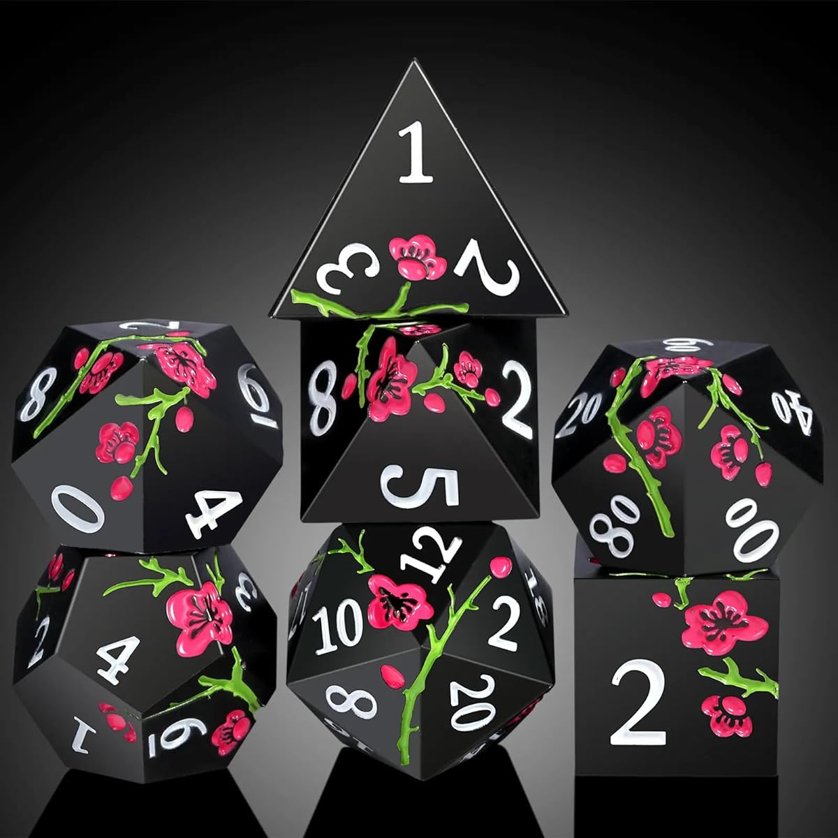 Futhark Plum Blossom DND Dice: Polyhedral Dice Set for Dungeons & Dragons RPG Board Games - 7 Piece Sharp Edge DND Dice Set with Beautiful Art