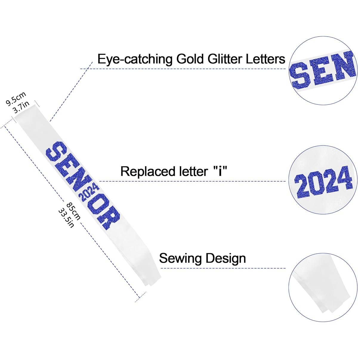 Senior 2023 Satin Sash with Blue Glitter Letters 6pcs - 2023 Graduation Gift - Senior Cheer Sash - Cheerleader Sash - Class Competition Sash