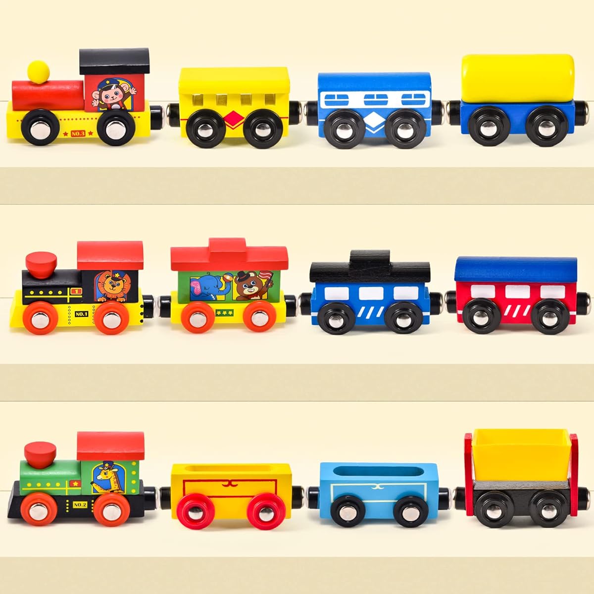 Atoylink 12pcs Wooden Train Set for Toddlers Magnetic Train Toys with 3 Engines Vehicles Toy Train Cars Compatible with Train Tracks Gift for Boys/Girls
