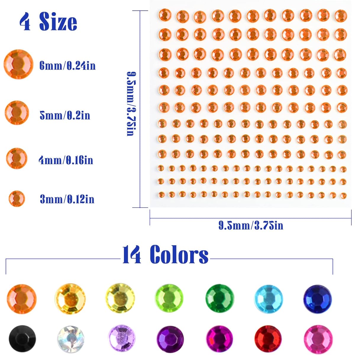 14 Sheets Self Adhesive Crystal Stickers for Face Body Eyes Nails, 2310 PCS Rhinestone Stickers for DIY Craft Decorations in 4 Size 3mm 4mm 5mm 6mm