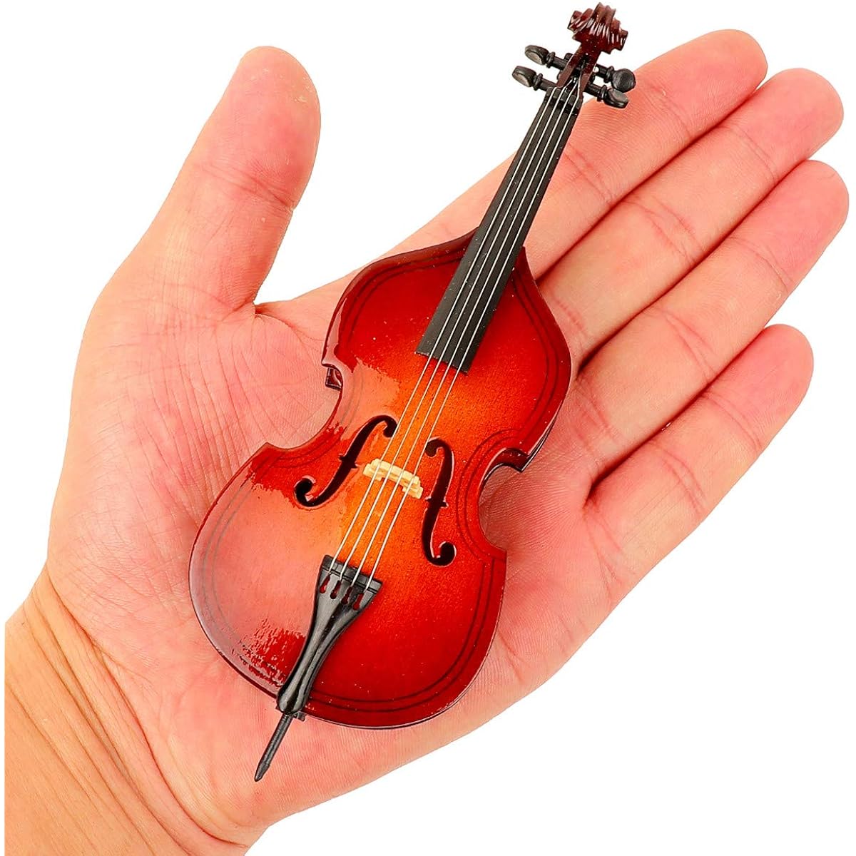 Dselvgvu Wooden Miniature Double Bass with Stand, Ribbon and Case Mini Contrabass Replica Mini Musical Instrument Collectible Miniature Dollhouse Model Home Decoration (5.7"x2.16"x1.37")