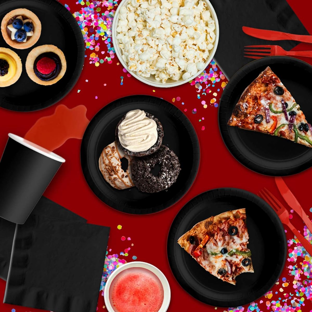 Solid Black Birthday Party Supplies Set Plates Napkins Cups Tableware Kit for 16 Guests