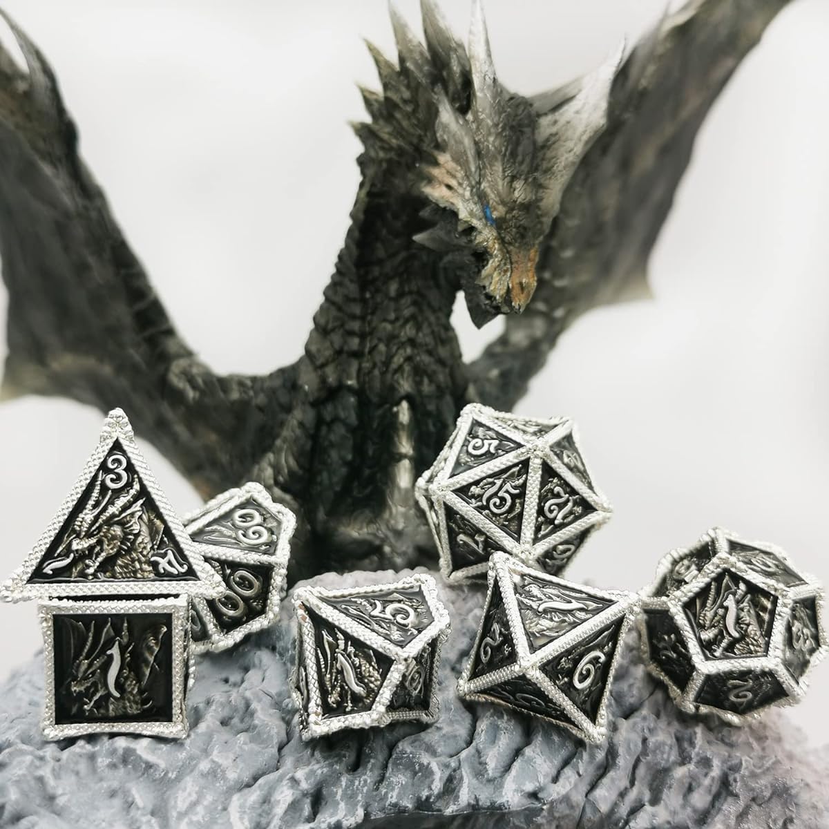MJDICEOK Metal Dragon Dice Set DND 7 Set Dice Role Playing Dice D&D Dungeons & Dragons (Silver Black)