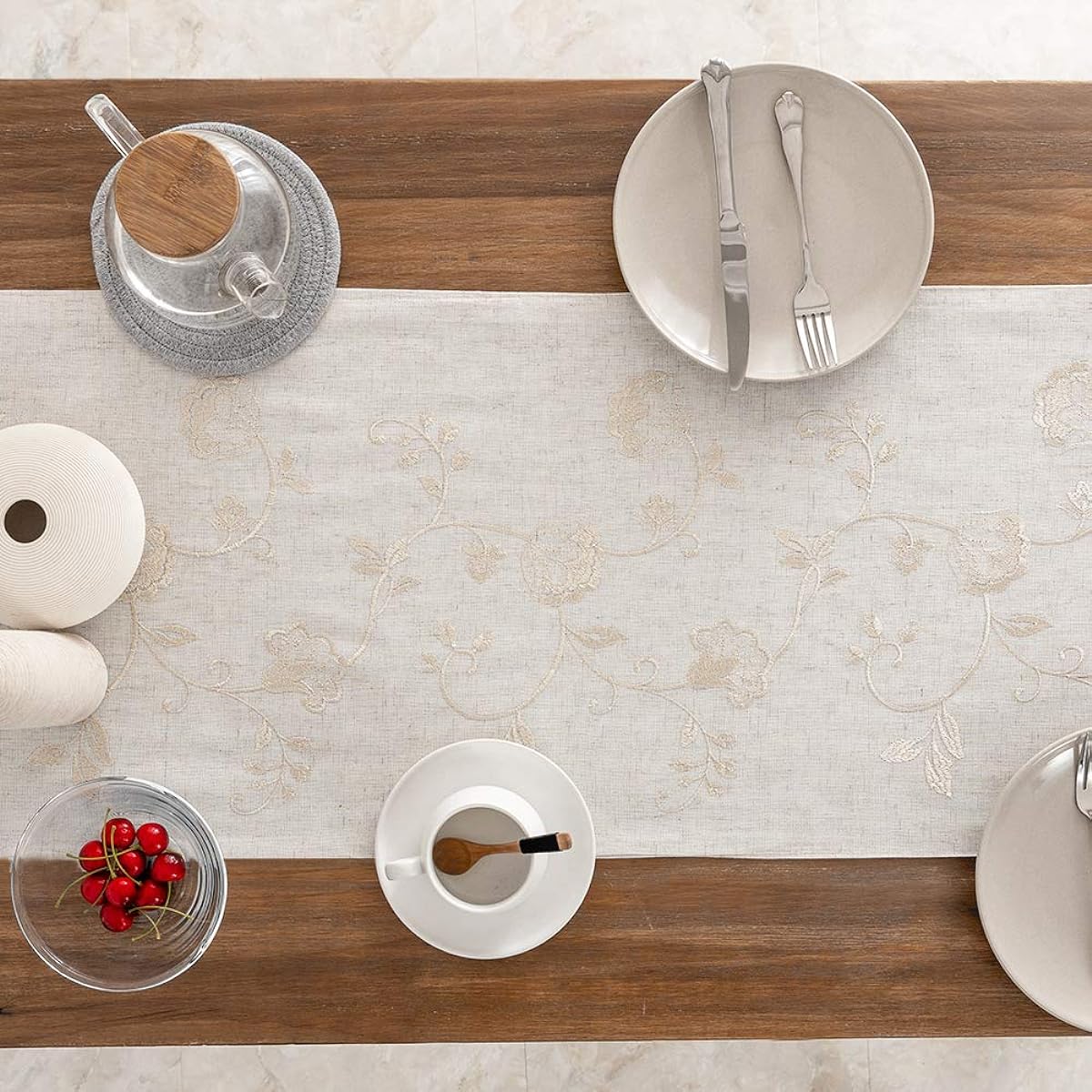 JINCHAN Embroidered Table Runner Farmhouse Linen Table Runner Floral Table Runner 72" Long Decorative Elegance Coffee Table Runner for Dresser Dining Room 1 Panel 16x72" Beige