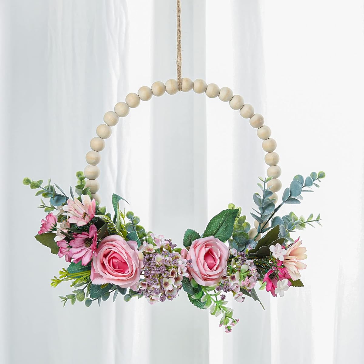 SWTHONY 13.8 Inch Spring Flower Wreath Bohemia Wall Decor - Wooden Beads False Rose Wreath Hanging Front Gate Farmhouse Wreath - All Season Indoor/Outdoor Door Wreath and Window Decor