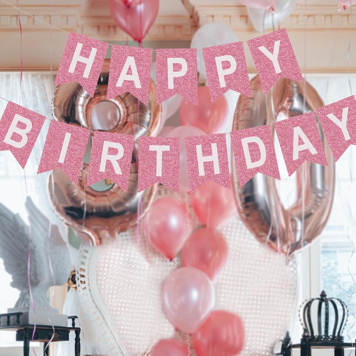 Fabric Happy Birthday Banner Pre-assembled Glitter Pink Birthday Party Decoration Supplies