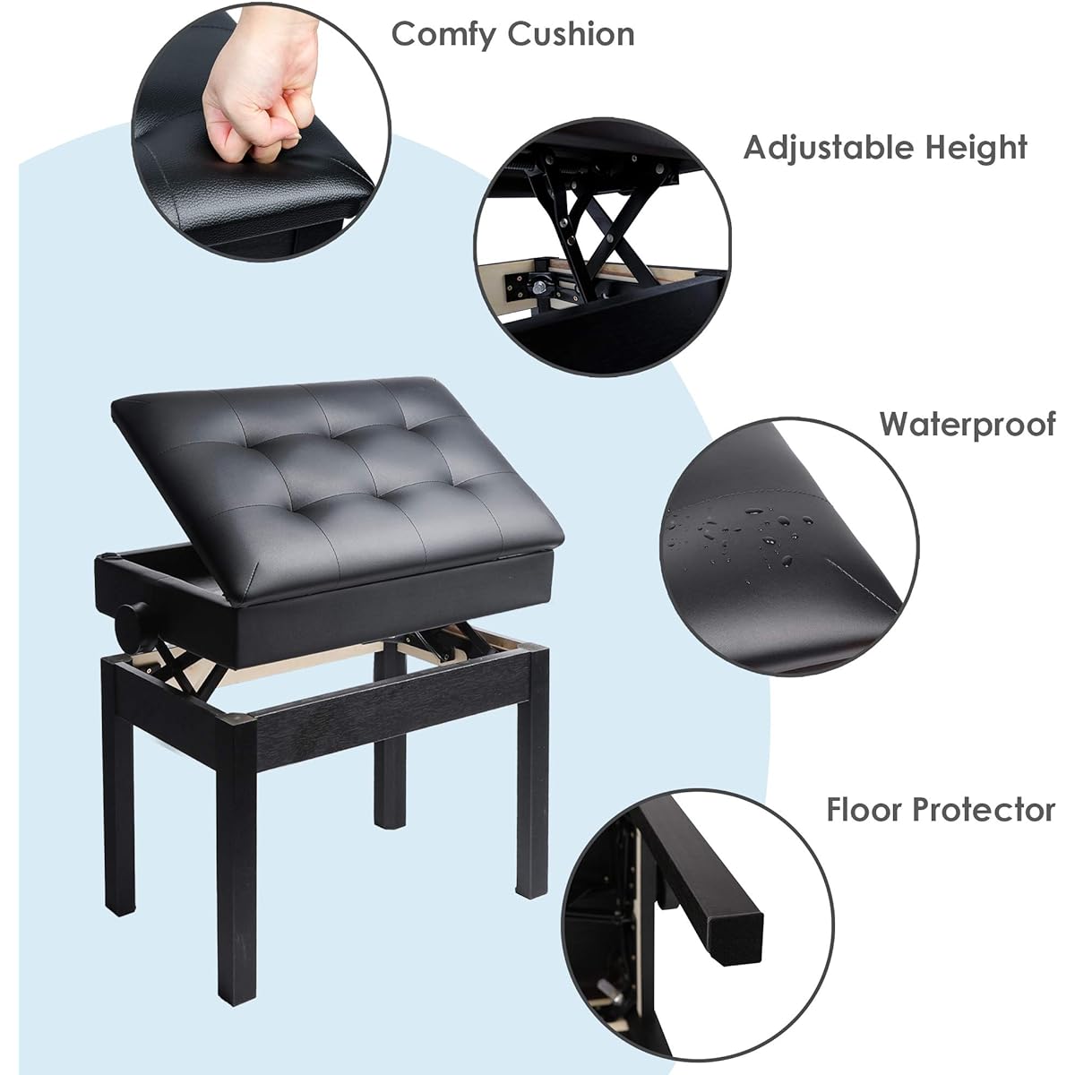Mu PU Leather Adjustable Piano Bench with Waterproof Cushion Inner Solid Flip Top Extra Music Storage for Single Person (Black)