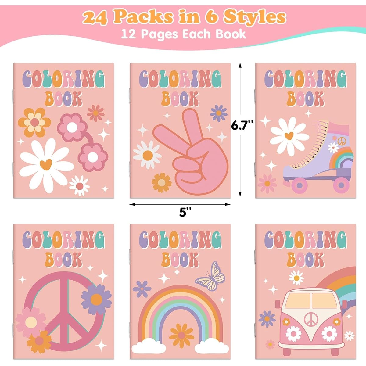 Groovy Coloring Books 24 Sheets Bulk Boho Rainbow Hippie Bus Retro Floral DIY Hand Drawn Groovy Birthday Party Favors Goodie Bag Fillers 5"x6.7"