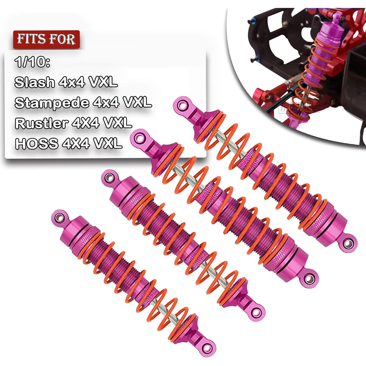 HopsupRC Big Bore RC Shock Upgrade Parts for 1/10 Traxxas Rustler/Slash/Stampede/Hoss 4x4 VXL 4WD 4pcs Alloy Full Metal Front Rear Shock Absorber Damper Replace 5862 Rose