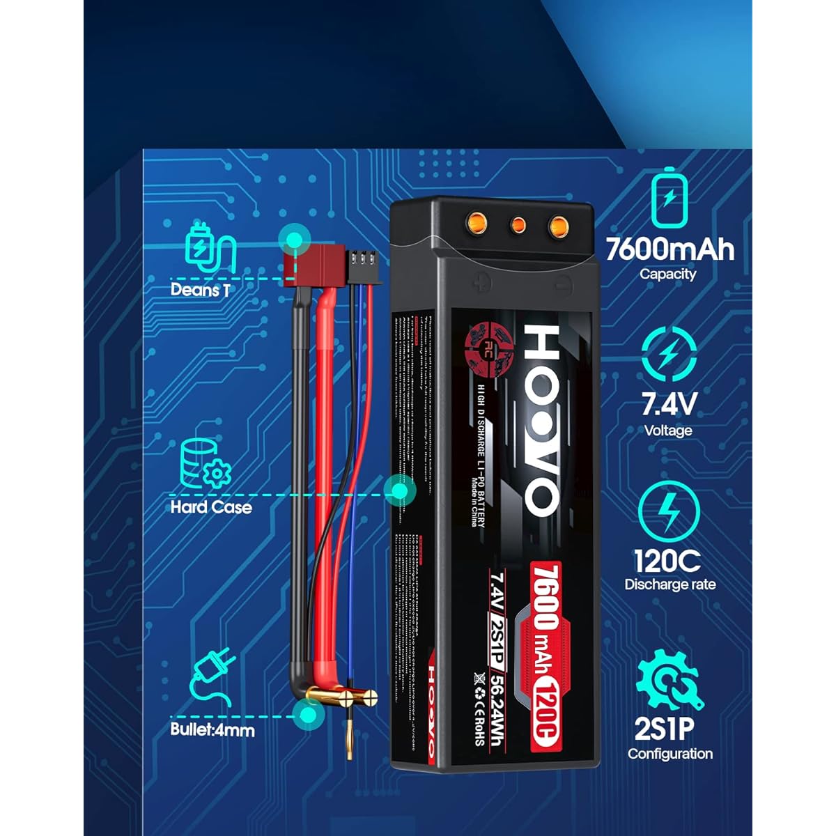 HOOVO 7600mAh 2S LiPo Battery 7.4V 120C RC Battery with Hard Case Deans T Plug for RC Drag Cars RC Trucks Boats DJI Heli Planes RC Models (2 Pack)