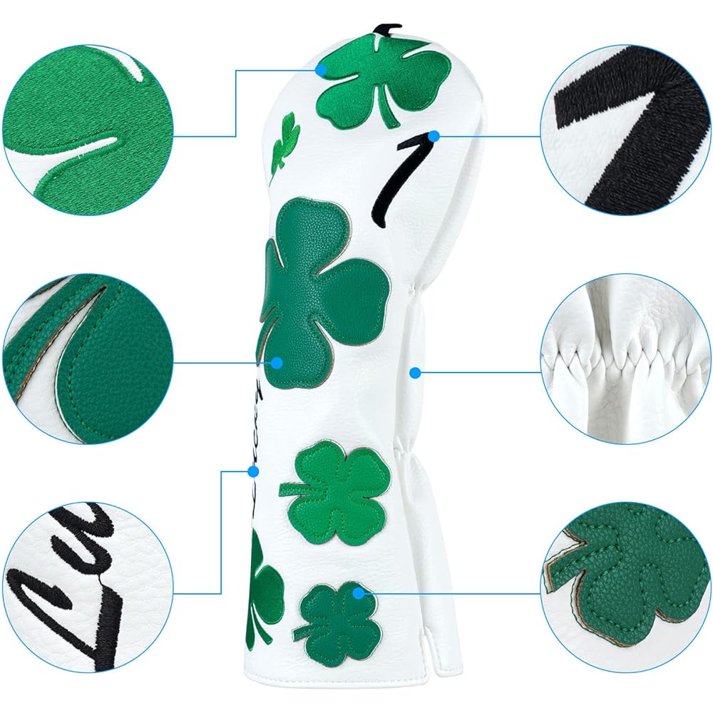 Golf club head cover for driver/fairway wood/utility single item/set embroidery clover synthetic leather white