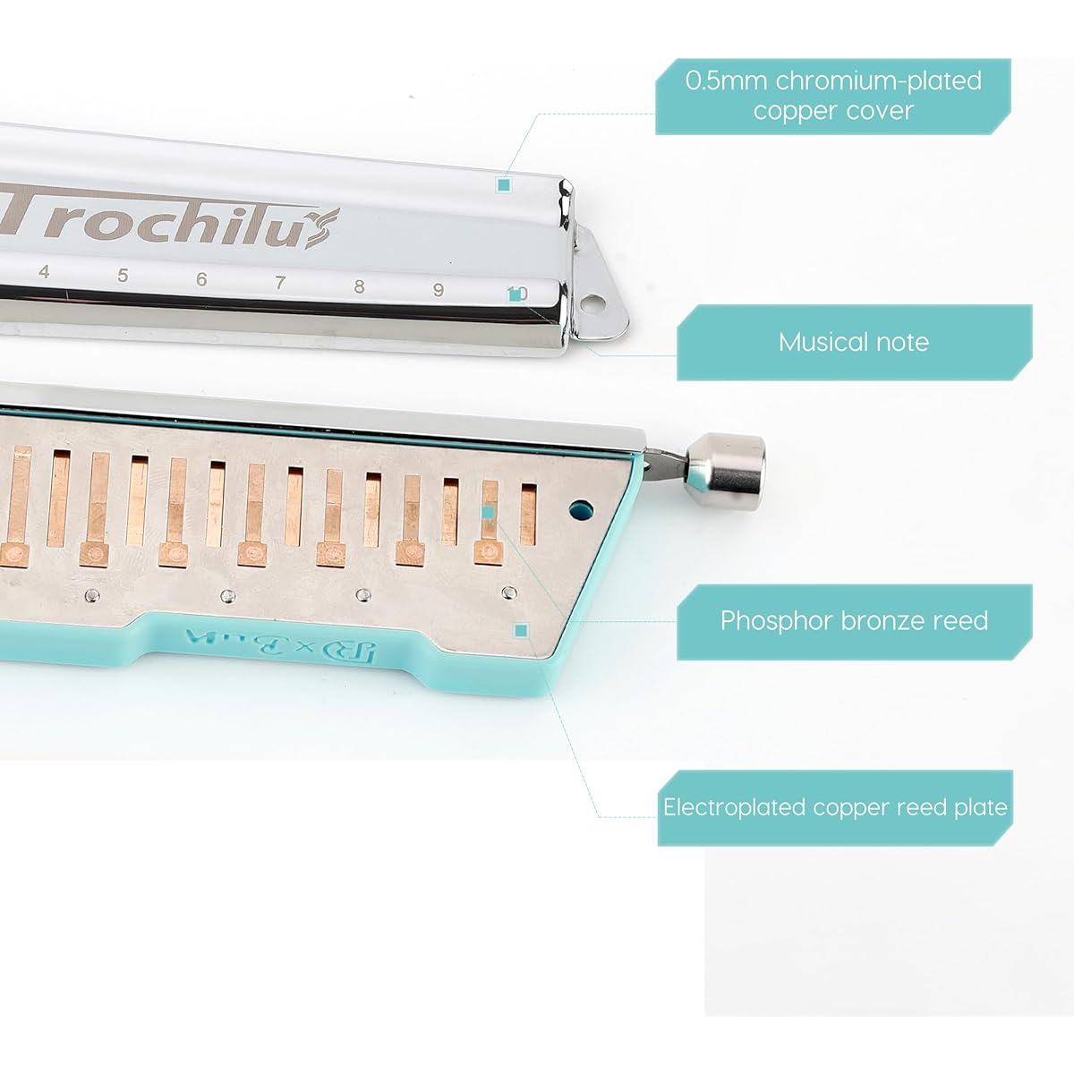 JDR Trochilus 10 Hole Chromatic Harmonica C Harp Mouth Organ with Case for Adults, Professionals, Beginners, and Students (Blues Tuning & Blue)
