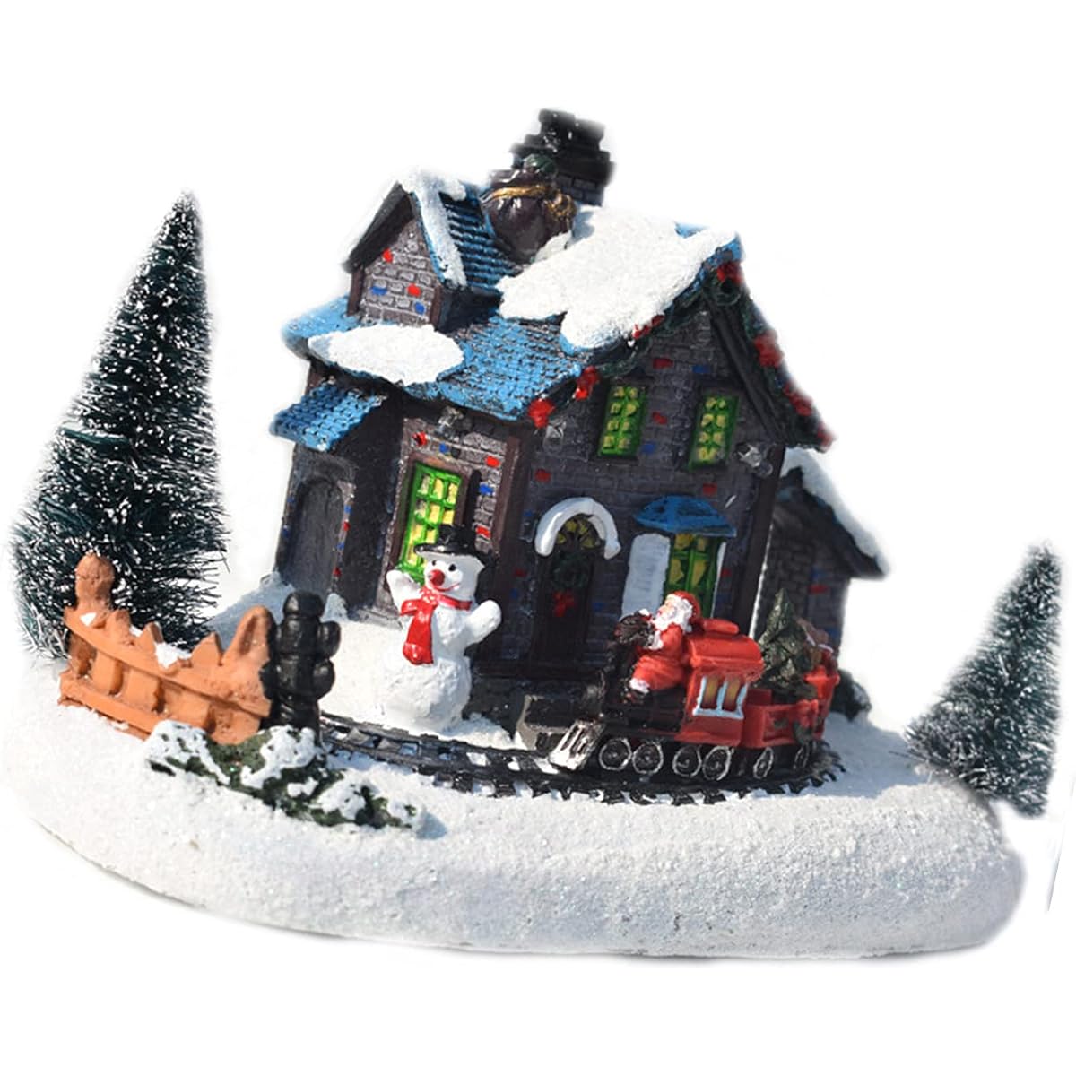 SH-RuiDu Christmas Village House Resin Christmas Decoration Lights Christmas Train Snow House Ornaments (Batteries Not Included)
