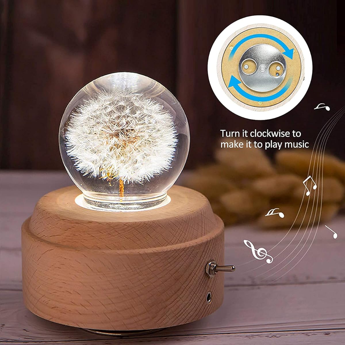 LFGKeng Crystal Ball Music Box Danpo Specimen Crystal Decorative Ball Night Light Wooden Base Luminous Rotating Music Box Home Ornament Birthday/Mother's Day Gift