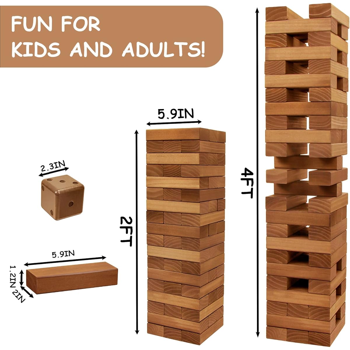 Juegoal Giant Tumble Tower Blocks 54 Pieces Giant Wood Stacking Game with 1 Dice Game Board Canvas Bag for Adults Kids Family Brown