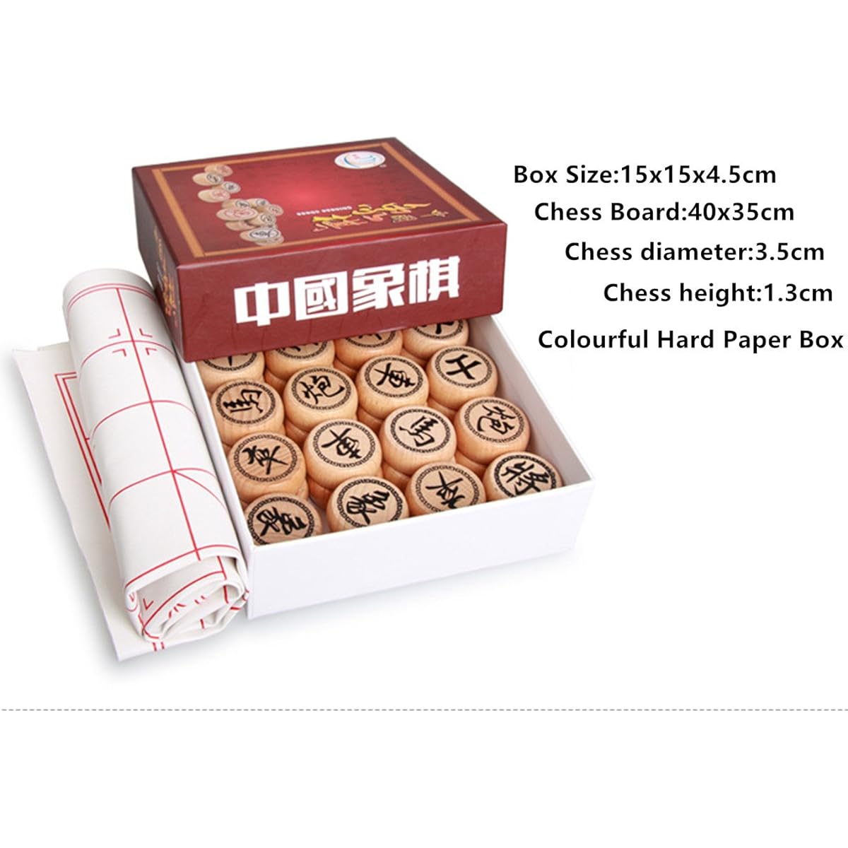 Elloapic Beech Wood Xiangqi Chinese Chess Set with Colorful Hard Paper Box, Large Size, Diameter 3.5cm