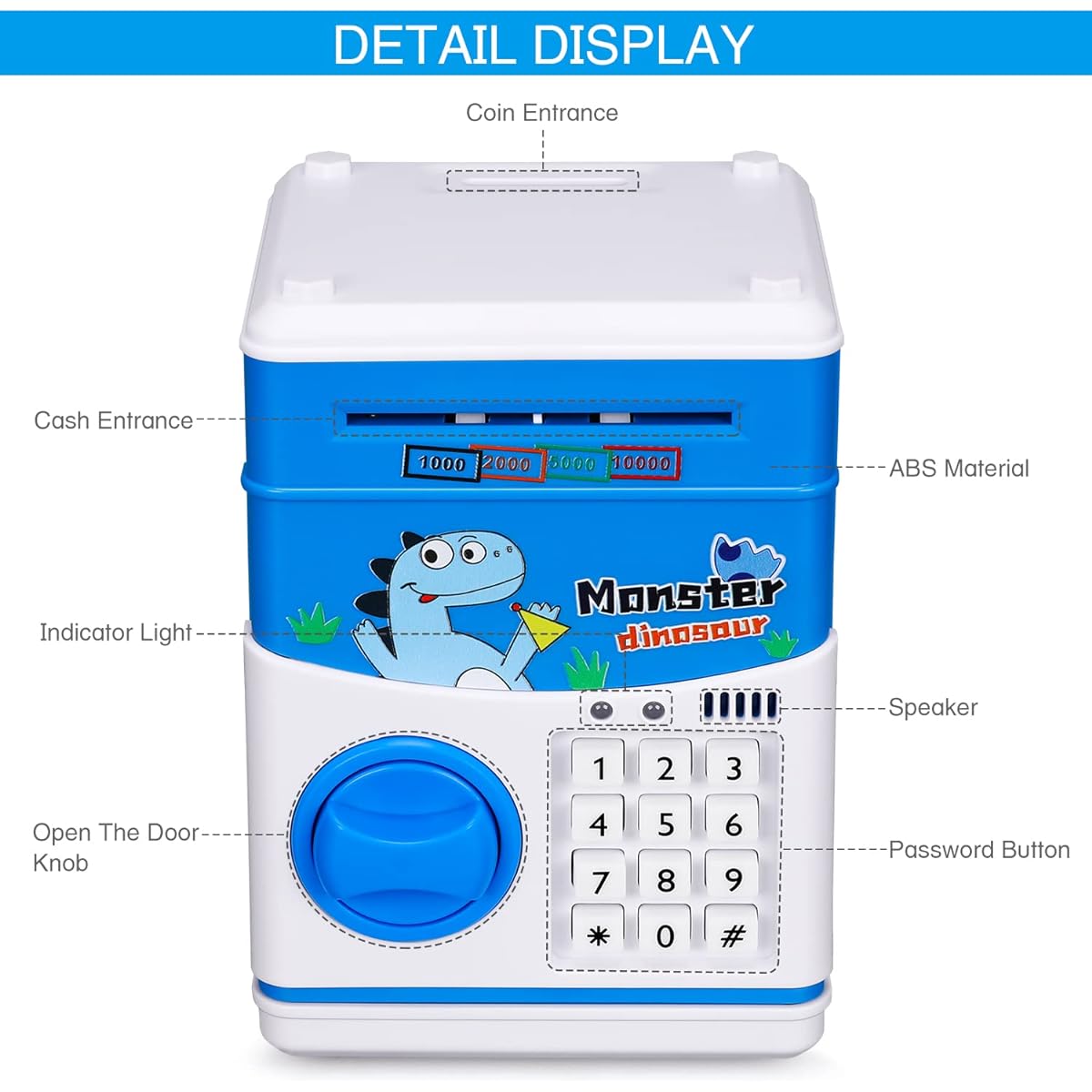 KMiKE Electronic Dinosaur Piggy Bank for Kids Cash Coin Cartoon ATM Money Saver Coin Bank for Children with Password & Music, Great Gift Toy for Kids (Blue Dinosaur)
