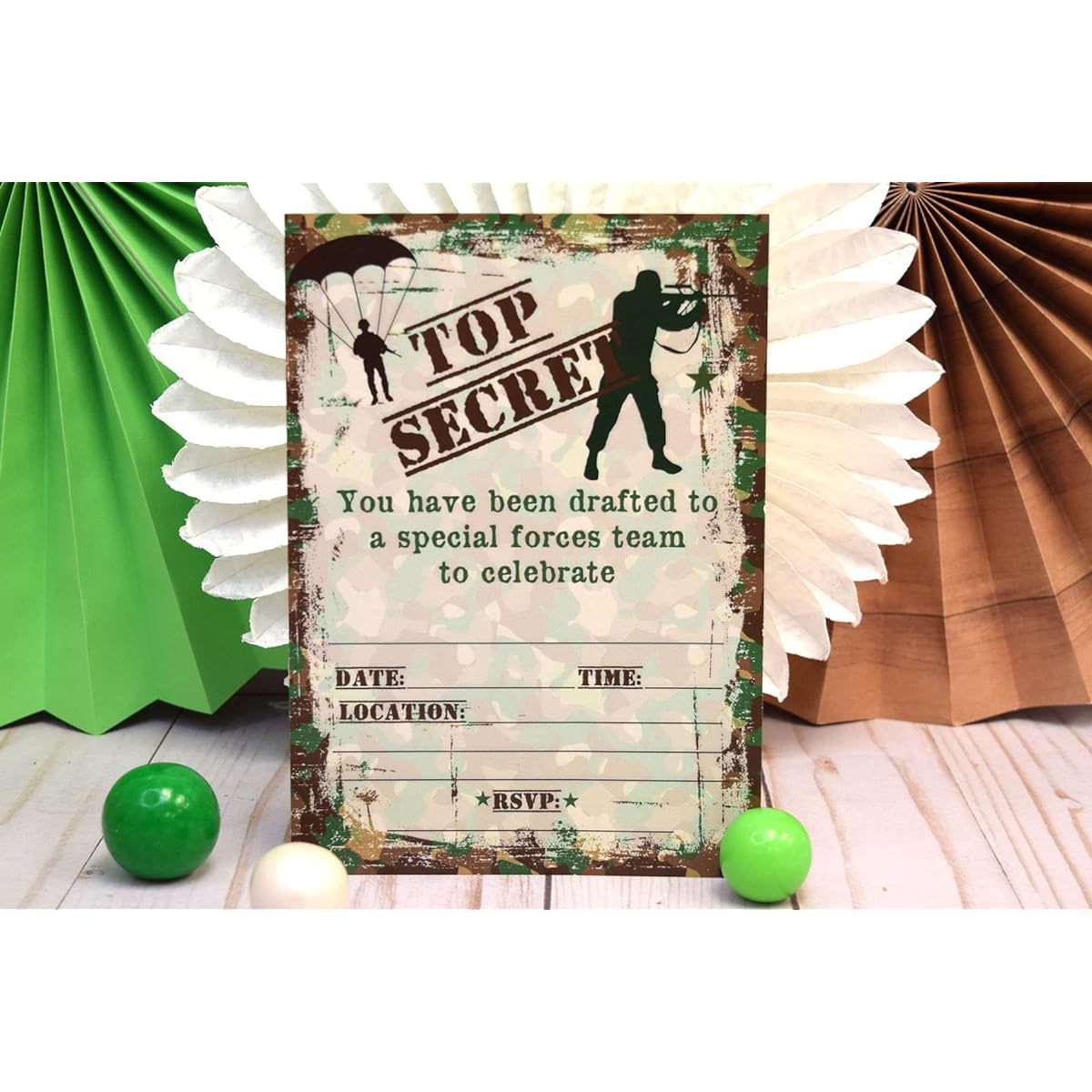 Top Secret Camouflage Army Soldier Birthday Party Invitations, 5"x7" Fill In Cards with 10 White Envelopes by AmandaCreation.