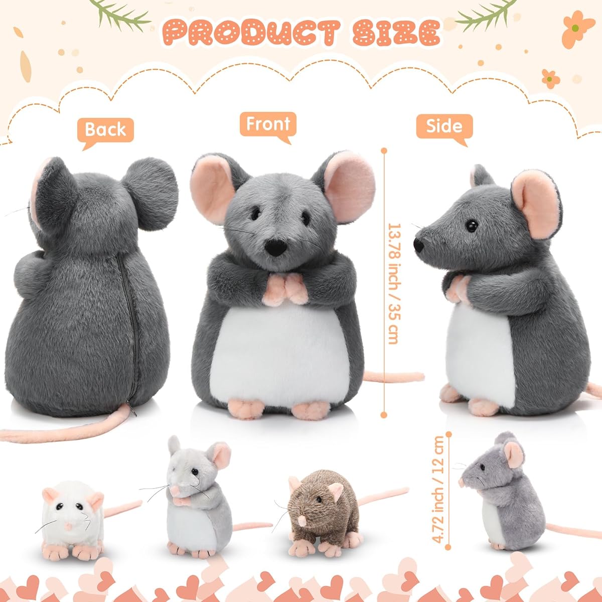Arrowbash Rat Stuffed Toys Set of 5 14 Inch Large Mama Mouse Stuffed Animals 4 Little Mouse Babies with Zipper Belly Soft Cuddly Rat Stuffed Animals Boys Girls Birthday New Year Decoration Gift