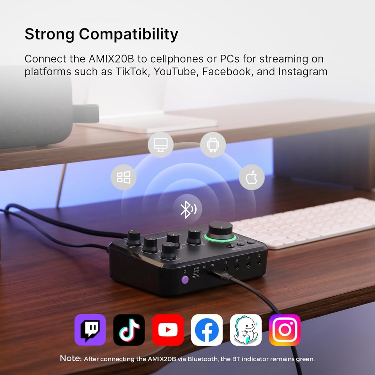 NearStream Audio Mixer Rechargeable Bluetooth USB Streaming/Podcast/Recording with XLR Microphone Connector 48V Power Supply Compatible with PC/Smartphone/Guitar Youtube/TikTok AMIX20B
