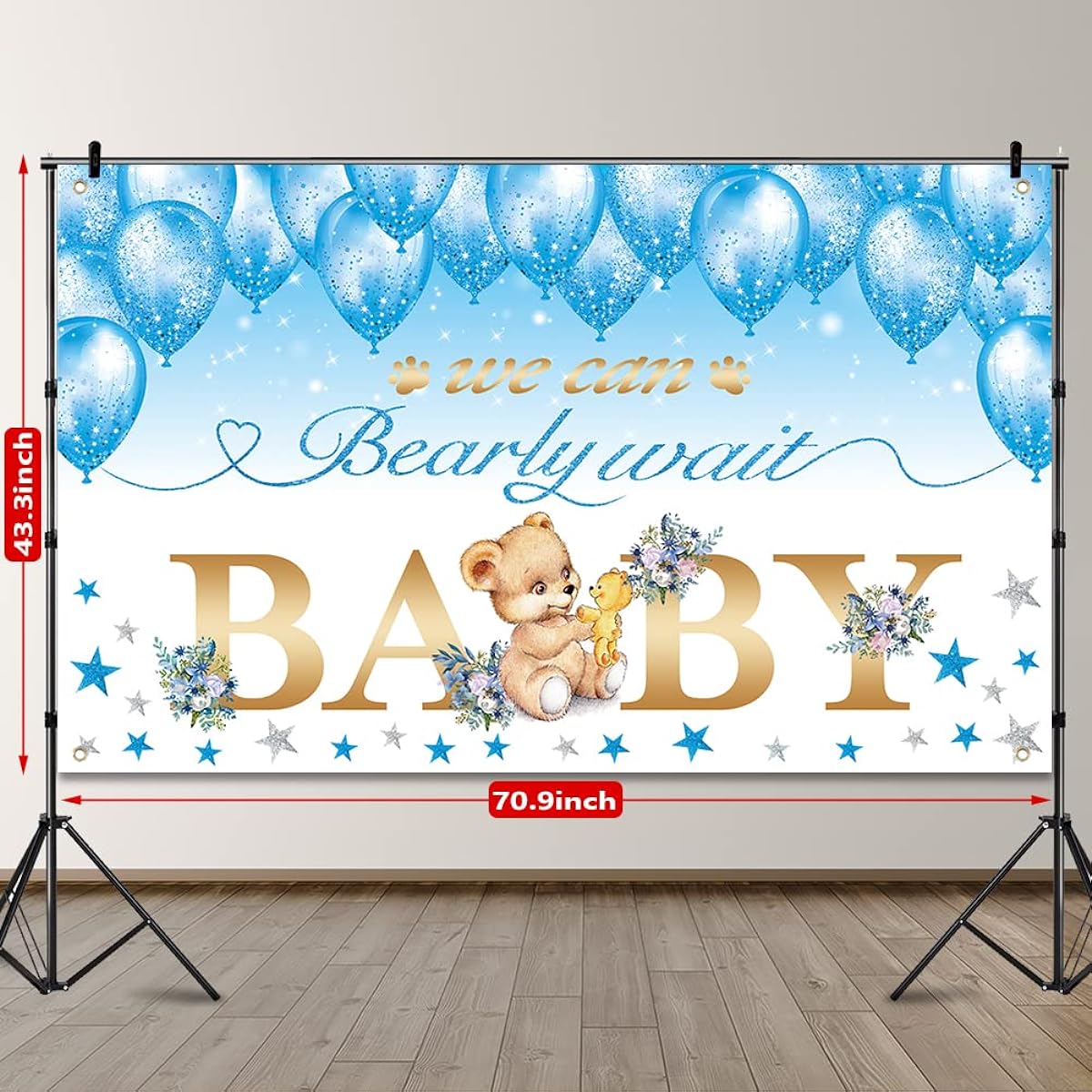 Bear Baby Shower Party Backdrop We Can Bearly Wait Baby Shower Decorations Baby Bear Baby Shower Banner Bear Balloon Star Flower Background Baby Boy Girl Baby Shower Gender Reveal Birthday Party