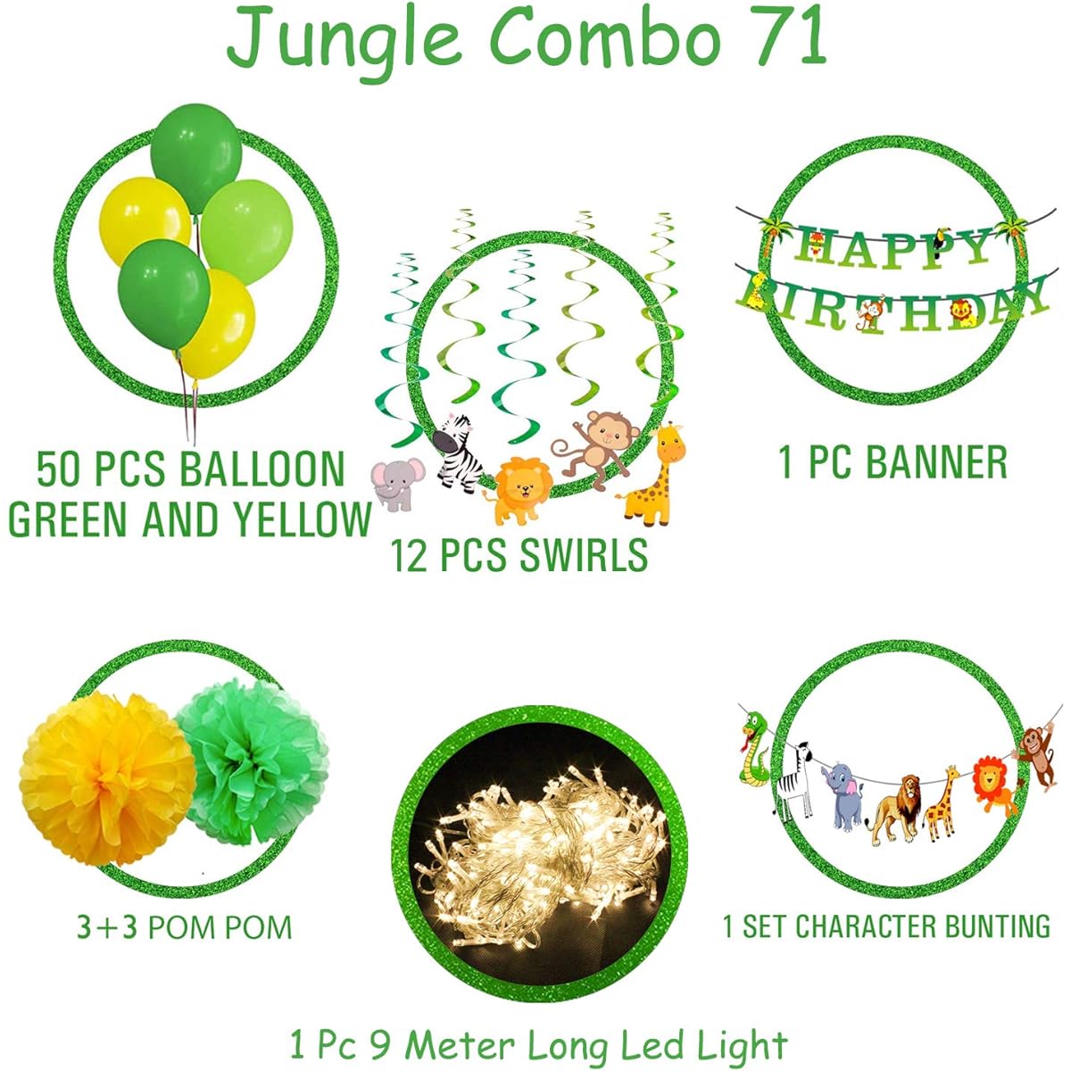 Party Props Jungle Theme Birthday Decorations for Boys-71pcs Hawaiian Animals Safari Forest Banner Latex Balloons Pom Poms Swirls Hanging with Warm LED Light Set (Green)