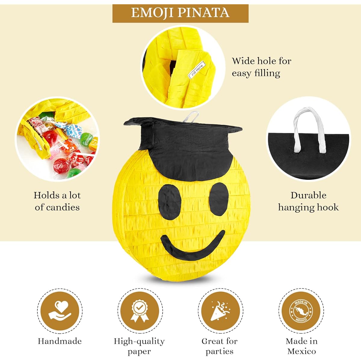 Congrats Grad Smiley Face Emoji Pinata - Graduation Piñata for Cinco de Mayo Coco Themed Kids Party - High Quality Paper - Easy to Fill with Candy and Favors - Mexican Party Decorations