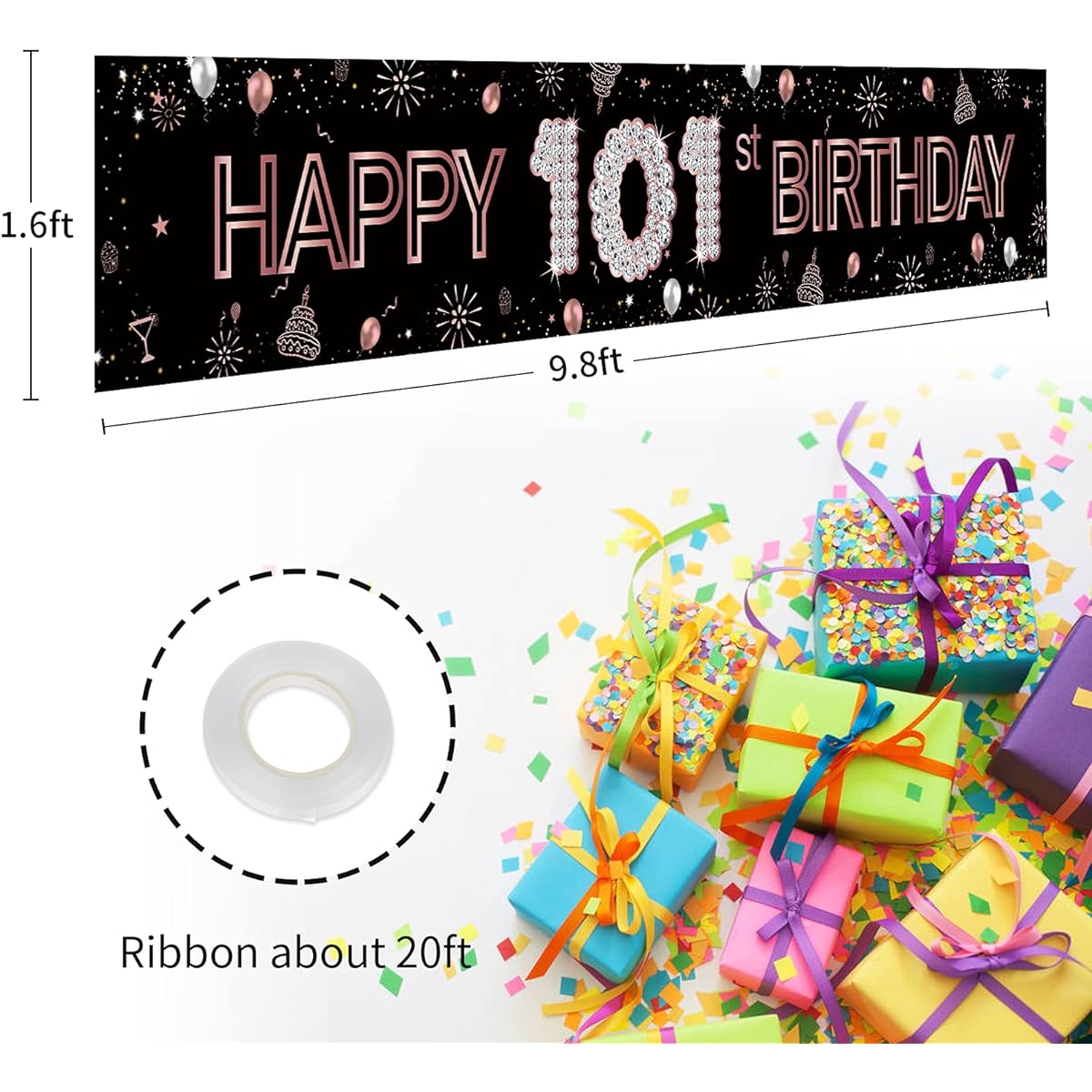 WeBenison Large Happy 101st Birthday Banner/101st Birthday Decorations Banner/Number 101 Sign Yard Yard Sign/Cheers 101 Years Party Outdoor Indoor Decor 10 x 1.5ft Black and Pink