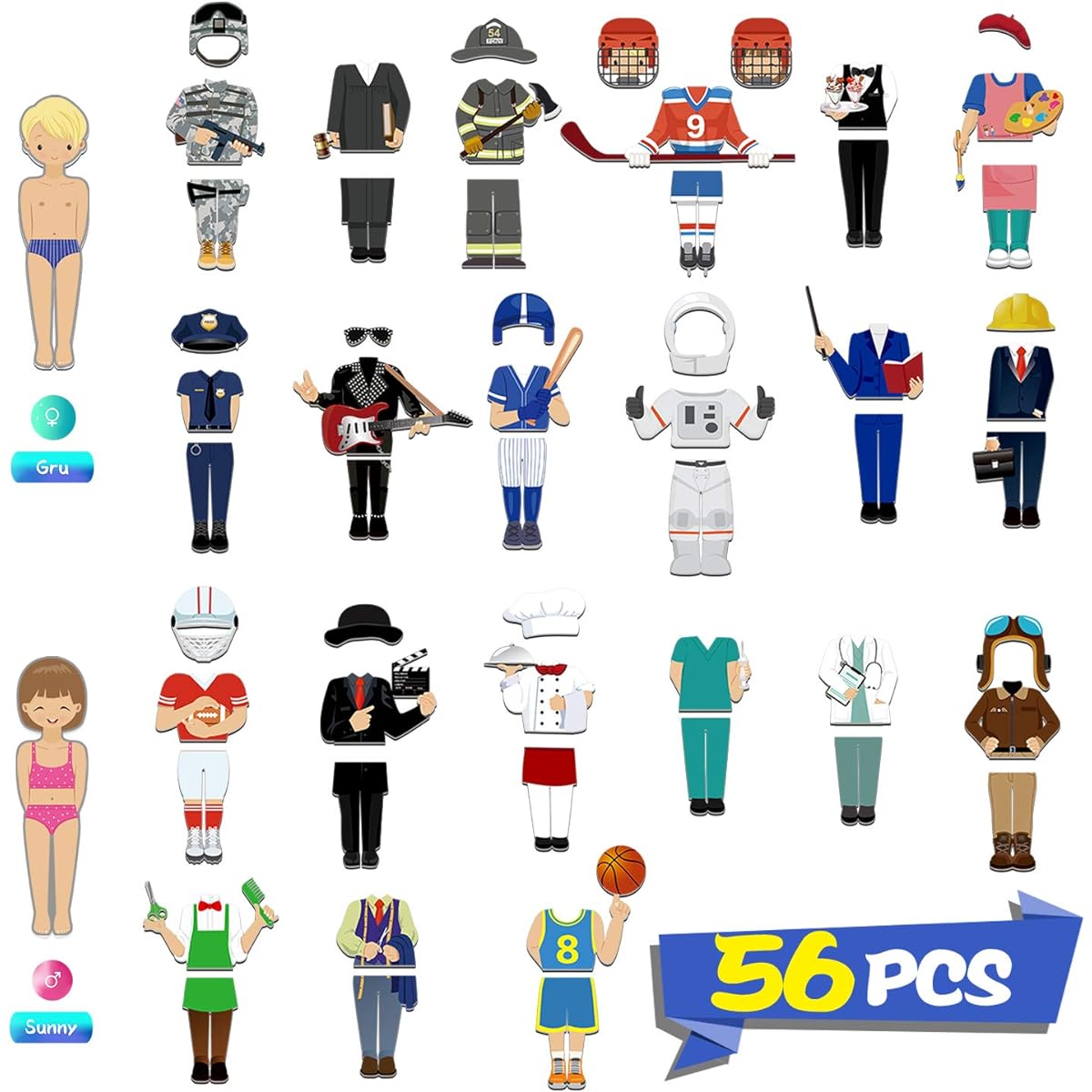 56 Piece Magnetic Dress Up Pretend Play Doll Set with 21 Occupations, Perfect for Preschool Learning