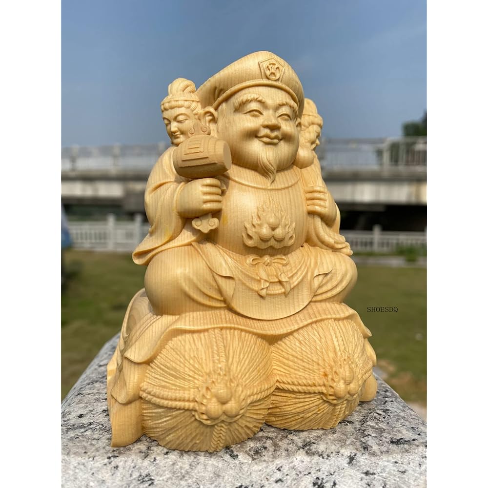 Wood carving Buddha statue, Three-faced Daikokuten, 15cm, high-quality wood carving made of cypress wood, Buddha statue, figure, Seven Lucky Gods, ornament, guardian deity of success in life, success in business, prosperity in business, warding off evil
