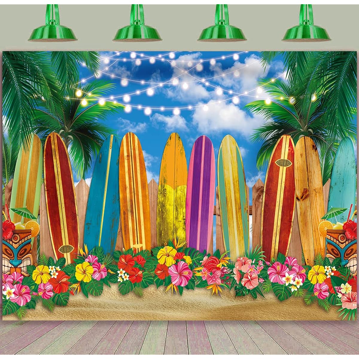 BINQOO 7x5ft Summer Surfboard Beach Hawaiian Backdrop Tropical Palm Trees Ocean Surfing Seaside Party Decoration Surf Up Hawaii Photo Background for Holiday/Birthday/Shower
