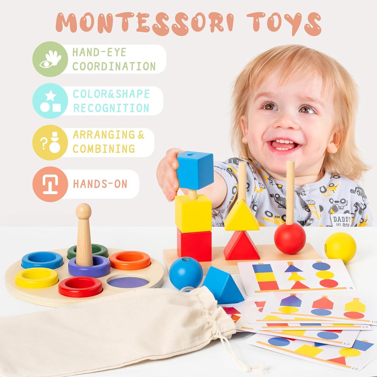 Busy edition Montessori Toys for Babies 6-12 Months Wooden Beads Sequencing Toy Set Stacking Blocks & Shape Stacker Toys for 1 2 3 Year Old Toddlers