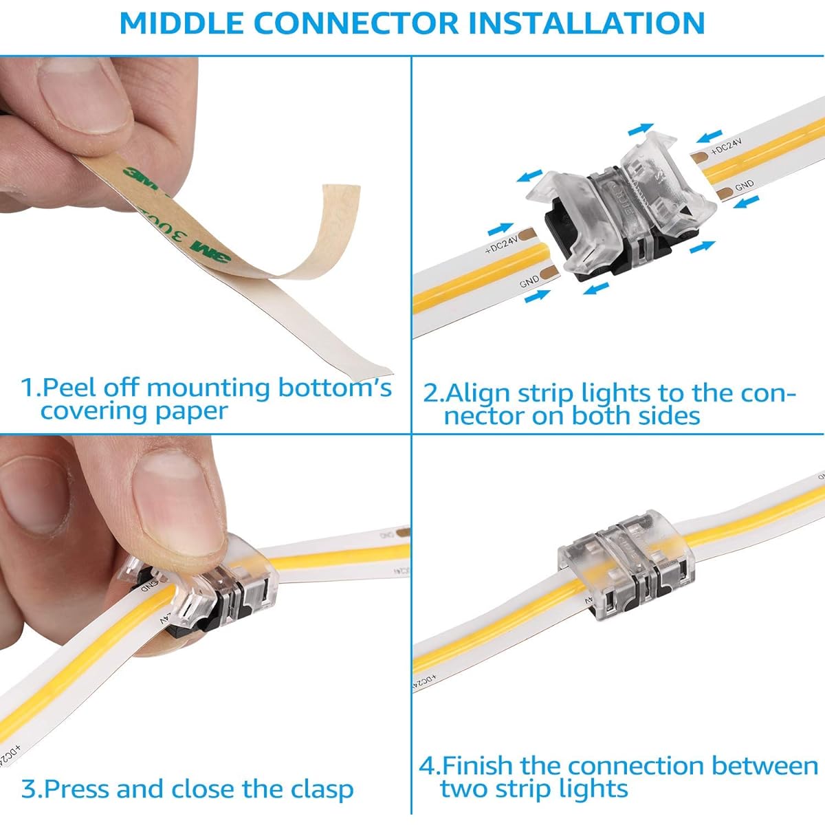 TORCHSTAR COB Connector 10mm LED Strip Light 2 Pin 7.87 Inch 20AWG Wire Angle Corner Connector Light Extension Kit DIY Strip to Pigtail Connector