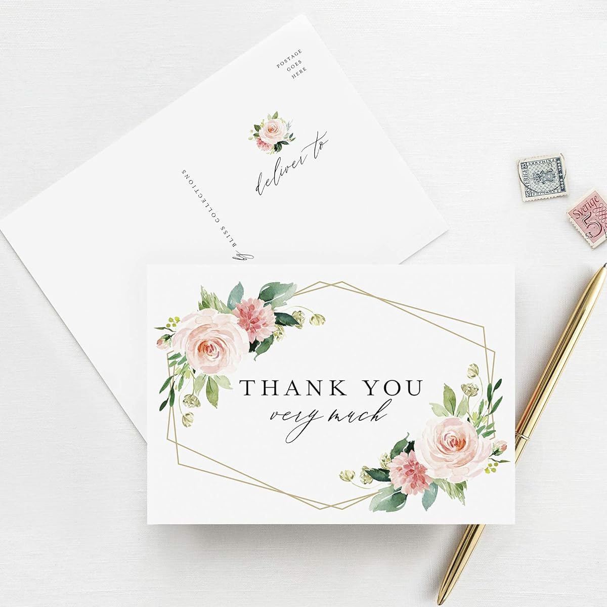 Bliss Collections Thank You Postcards, Geometric and Floral, for Weddings, Receptions, Baby or Bridal Showers, Birthdays, Graduations, Parties, Celebrations, Special Events, 4"x6" (50 Cards)