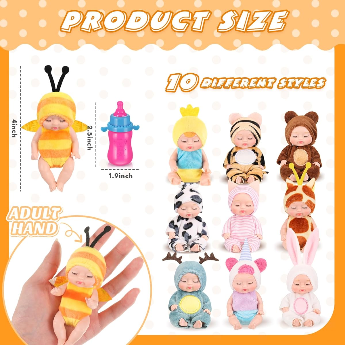 10 Pieces 4 Inch Mini Reborn Baby Dolls, Lifelike Realistic Baby Dolls with Animal Clothes Realistic Baby Doll Set with 10 Feeding Bottles for Boys Girls Toddlers Kids Ages 3+ Birthday Easter