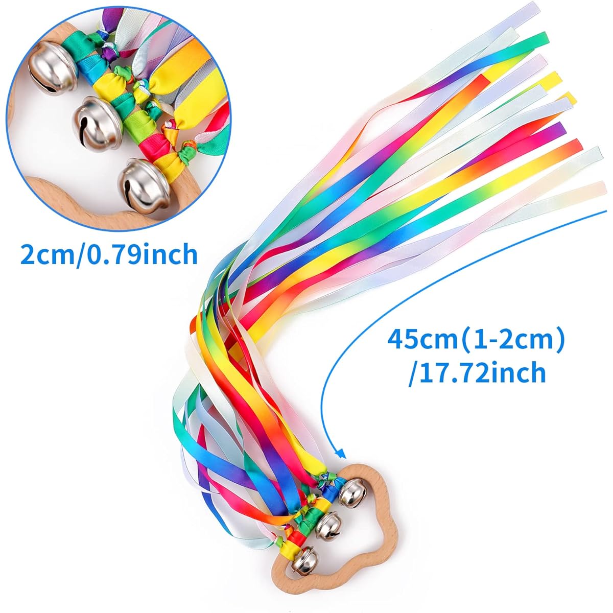 Grevosea Kite for Kids, Hand Kite, Rainbow Hand Ribbon Kite with Bells, Clouds, Rainbow, Wind Wand, Ribbon Wand, Wooden, Sensory Educational Tool, Birthday Party Supplies